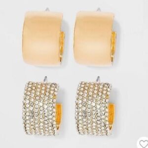SUGARFIX By BaubleBar Gold rhinestone wide hoops set of 2